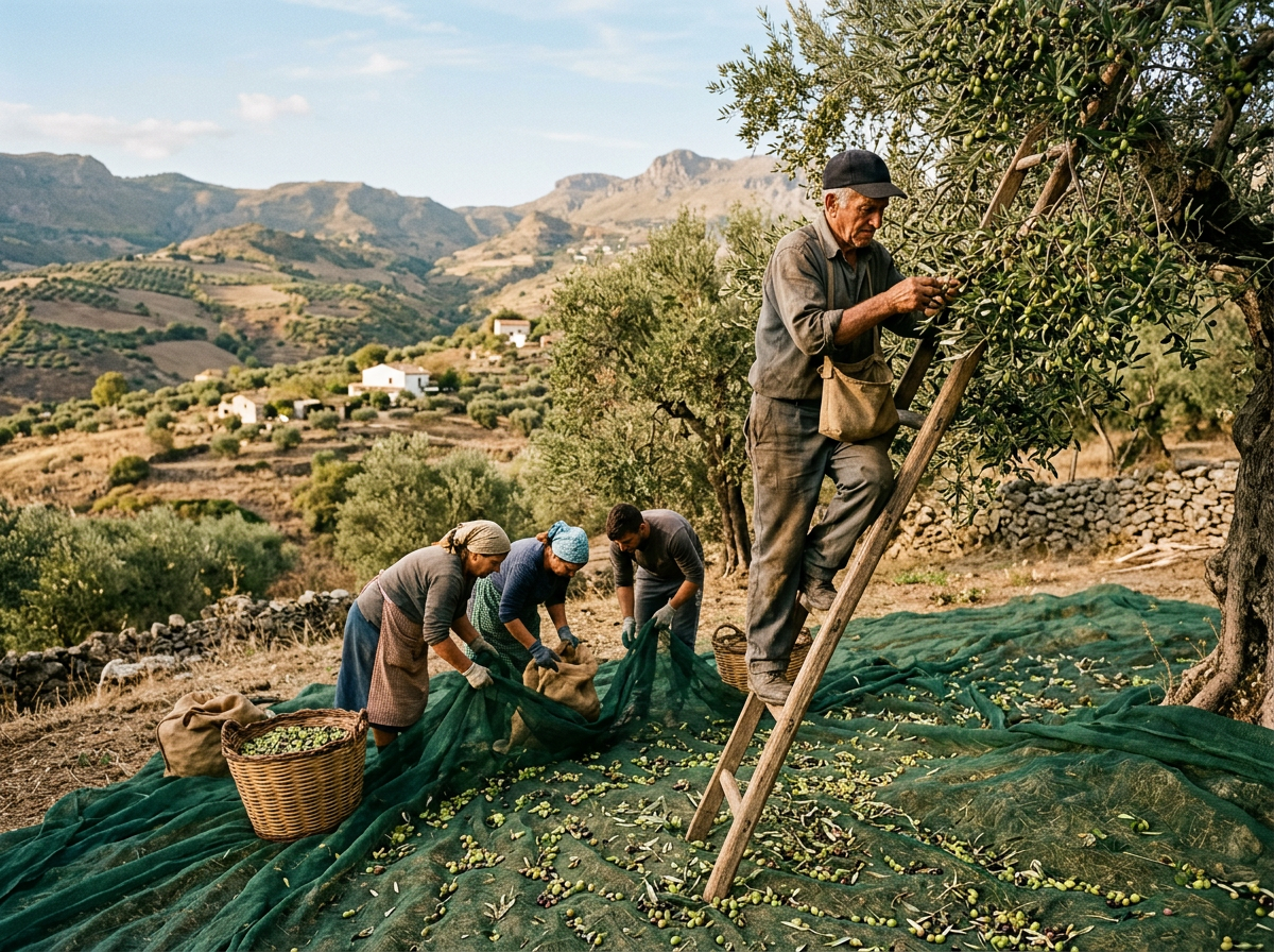 Traditional olive harvest in Sicily