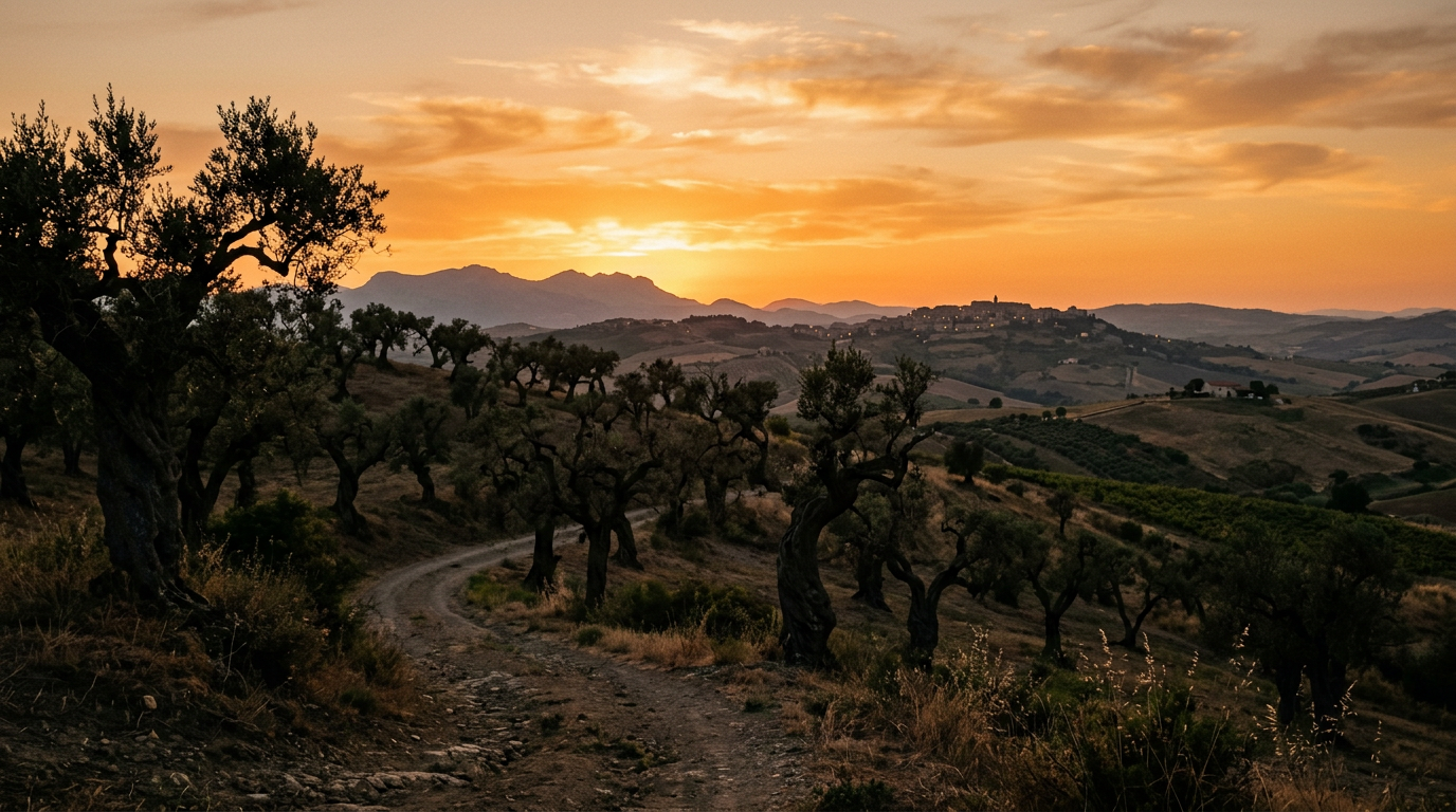 Sicilian olive grove at sunset